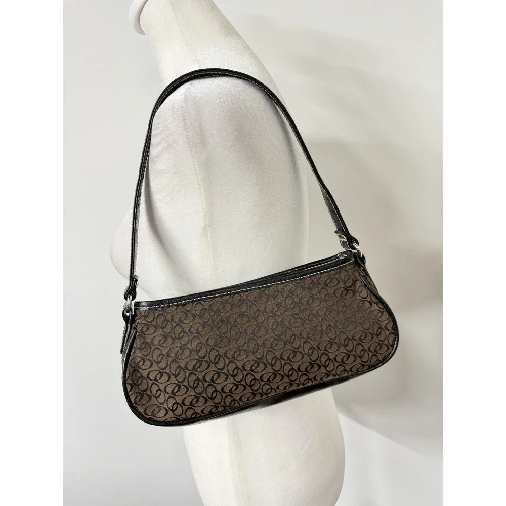 Vtg Y2K Small Baguette Shoulder Bag Brown Canvas Jacquard Black Leather Trim